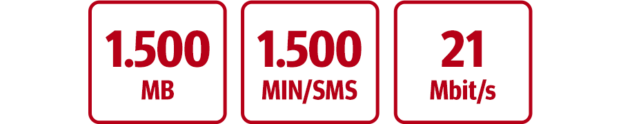 Inklusive 1.500 MB, 1.500 MIN/SMS und 21 Mbit/s